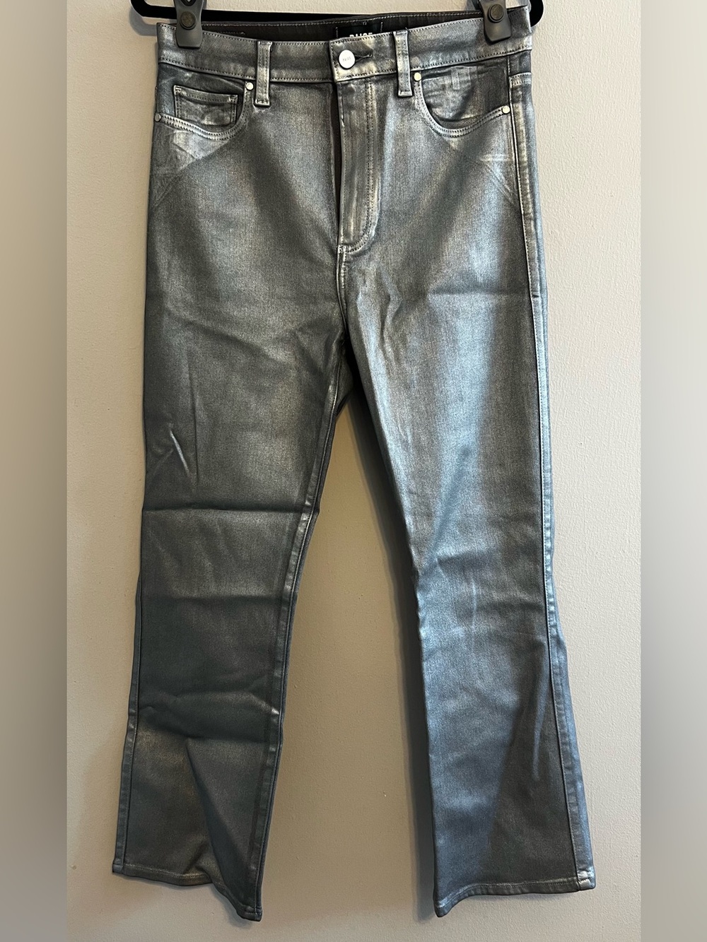 PAIGE Metallic Silver Luxe Coated High Rise Flare Jeans Size 30 Womens